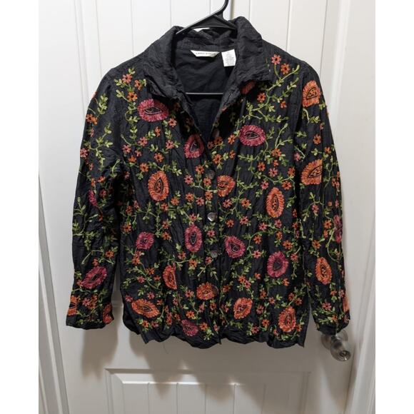 Laura Ashley Embroidered Silk Shantung Jacket Sz S Black Green Red Orange Floral - Picture 1 of 8